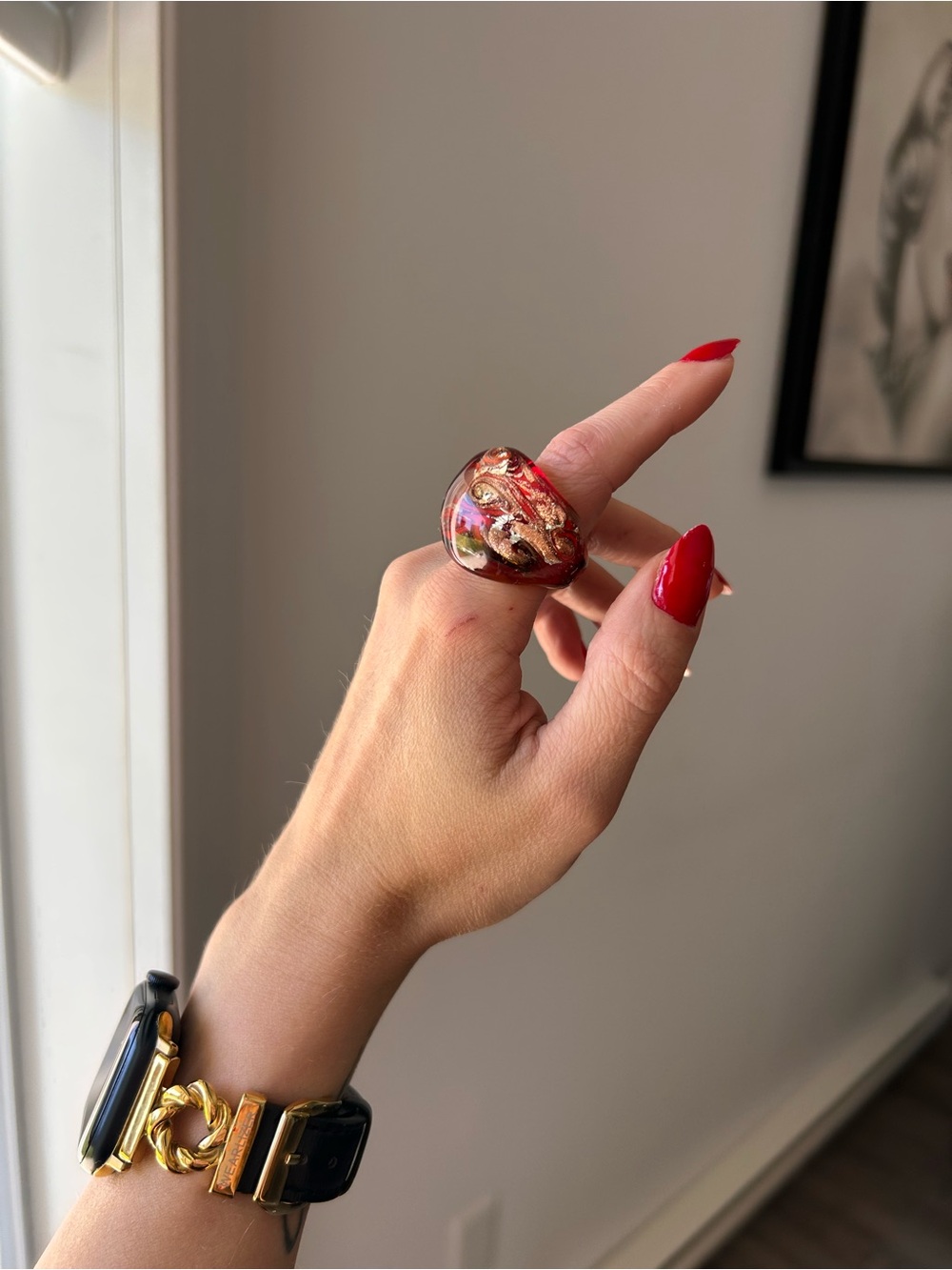 Murano Glass Statement Ring - Red & Gold